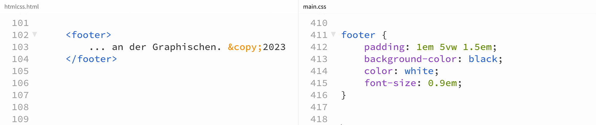HTML und CSS für eine Fußzeile in einer Webseite.